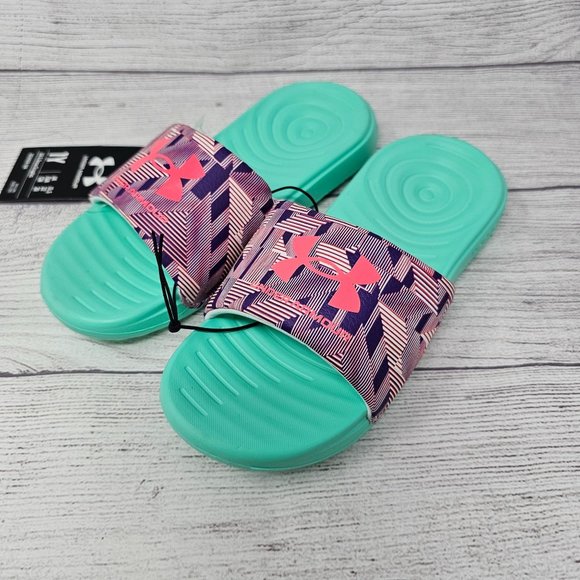 UNDER ARMOUR GIRLS ANSA PRINT SPORT SLIDES KIDS SIZE 1 - Picture 1 of 10